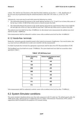 volume. This shall be met if deviations of the ideal free-field conditions are less than +/- 1 dB. Qualification of
the test room may be performed using the method described in either ISO 3745 Annex A, or ITU-T P. 340
§5.4.
Alternatively, a test room may be used which meets the following two criteria:
1. The relationship between the pressure at the mouth opening and that at 5,0, 7,5 and 10 cm in front of the centre of
the lip ring is within ±0.5dB of that which exists in a known acoustic free-field.
2. The relationship between the pressure at the mouth opening and at the Ear canal Entrance Point (EEP) at both the
left and right ears of the HATS does not differ by more than ±1dB from that which exists in a known free-field.
The ambient noise level shall be less than -30 dBPa(A), for idle channel noise measurements the ambient noise level
shall be less than –64dBPa(A).
Echo measurements shall be conducted in realistic rooms with an ambient noise level less then -64 dBPa(A).
6.1.2 Hands-free terminals
Hands-free terminals generally should be tested in their typical environment of application. Care must be taken, that
e.g. noise levels are sufficiently low in order not to interfere with the measurements.
For Desk-Top hands-free terminals the appropriate requirements shall be taken from ITU-Recommendation P.340.
The broadband noise level shall not exceed –70 dBPa(A). The octave band noise level shall not exceed the values
specified in Table 2.
TABLE 2/P.340 Noise level
Center frequency
(Hz)
Octave band pressure level
(dBPa)
63 –45
125 –60
250 –65
500 –65
1 k –65
2 k –65
4 k –65
8 k –65
Echo measurements shall be conducted in realistic rooms with an ambient noise level less then -70 dBPa(A).
6.2 System Simulator conditions
The system simulator should provide an error free radio connection to the UE under test. The default speech codec, the
AMR speech codec, shall be used at it’s highest bit rate of 12,2kbit/s. Discontinuous Transmission, DTX, (silence
suppression) shall be disabled for the purposes of 3G acoustic testing.
3GPP
3GPP TS 26.132 V6.1.0 (2007-03)15Release 6
 