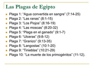 Las Plagas de Egipto
 Plaga 1: “Agua convertida en sangre” (7:14-25)
 Plaga 2: “Las ranas” (8:1-15)
 Plaga 3: “Los Piojos” (8:16-19)
 Plaga 4: “Las moscas” (8:20-32)
 Plaga 5: “Plaga en el ganado” (9:1-7)
 Plaga 6: “Ulceras” (9:8-12)
 Plaga 7: “Granizo” (9:13-35)
 Plaga 8: “Langostas” (10:1-20)
 Plaga 9: “Tinieblas” (10:21-29)
 Plaga 10: “La muerte de los primogénitos” (11-12).
 