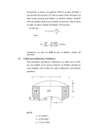 4V
h
4 1000
  5.80
Se determinó el volumen de regulación (800 m³), la altura del fondo o
cota de fondo del reservorio (21.5.00 m.) desde el nivel del terreno y la
altura de agua necesaria para satisfacer las presiones mínimas de diseño
(4.40 m), medidos desde la cota de fondo de reservorio. Para tal efecto
se realiza un primer estimado del diámetro del reservorio:
Se sabe que:
Luego:
V  A  h 
 D²
h
4
D   14.81m
Asumiremos un valor de 14.80 m para el diámetro exterior del
reservorio.
1.5.2 Cálculo de las dimensiones Preliminares
Para una primera aproximación utilizaremos los valores del I al VIII,
que son resultado de un proceso deductivo de fórmulas llevándonos
como resultados estos 8 valores los cuales verificaremos con el método
geométrico.
a a
f2
h1
b
De VI:
a = 0.722(VR)1/3
a = 0.722(1000)1/3
a = 7.22 m≈7.00m
 