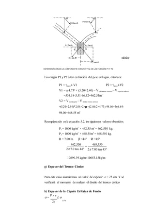 Las fuerzas P1 yP2, son los pesos del tronco cónico y cúpula i
P1

P2
...Ec 5.2
2Rtan  2Rtan
nferior
Las cargas P1 y P2 están en función del peso del agua, entonces:
P1 = agua x V1 P2 = agua xV2
V1 = π 4.73² × (5.20+2.40) – V chimenea interior – V cúpula inferior
=534.18-5.51-66.12=462.55m3
V2 = V rectángulo – V fondo tronco cónico
=(5.20+2.40)*2.06×2×p×(2.06/2+4.73)-98.06=566.69-
98.06=468.55 m3
Reemplazando enla ecuación 5.2,los siguientes valores obtenidos:
P1 = 1000 kg/m3
× 462.55 m3
= 462,550 kg.
P2 = 1000 kg/m3
× 468.55m3
= 468,550 kg.
R = 7.00 m. β =44° Ø =45°
462,550


2 7.0 tan 44
468,550
2 7.00 tan 45
10890.39 kg/m≈10653.15kg/m
g) Espesor del Tronco Cónico
Para este caso asumiremos un valor de espesor: e = 25 cm. Y se
verificará al momento de realizar el diseño del tronco cónico
h) Espesor de la Cúpula Esférica de Fondo
 
P  r
 
2e
a d m
 
