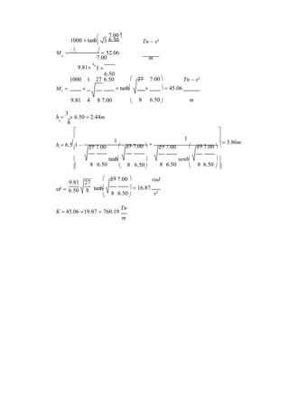  3
i
1000 tanh


7.00
6.50

 Tn  s²
M    52.06o
7.00 m
9.81 3 
6.50
1000 1 27 6.50  27 7.00 Tn  s²
Mi    tanh    45.06
9.81 4 8 7.00  8 6.50 m
h 
3
 6.50  2.44mo
8


h  6.51 



27 7.00
1


 27 7.00 



27 7.00

1   3.86m
 27 7.00  

 8
tanh
6.50 

8 6.50
senh
8 6.50 

8 6.50  
 27 7.00  rad
²  tanh

  16.87
8 6.50  s²
K  45.06 19.87  760.19
Tn
m
9.81 27
6.50 8
 