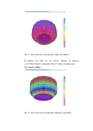 Fig. 11. Acero (cm²/cm) en la dirección radial cara superior
Se observa con acero de 1/2”=1.27cm² entonces la separación
s=1.27/.044=28.86cm. Asumiendo Ø de ½” a 20cm. en ambas caras.
3.3.3 Tronco Cónico.-
Fig. 12. Acero (cm²/cm) en la dirección tangencial cara inferior
 