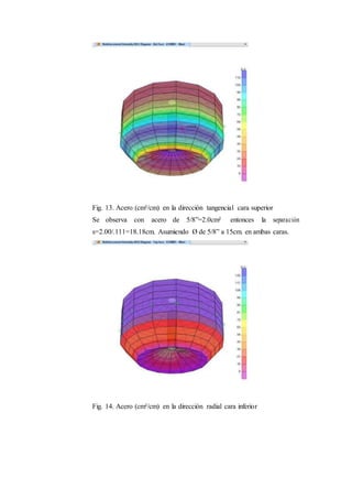 Fig. 13. Acero (cm²/cm) en la dirección tangencial cara superior
Se observa con acero de 5/8”=2.0cm² entonces la separación
s=2.00/.111=18.18cm. Asumiendo Ø de 5/8” a 15cm. en ambas caras.
Fig. 14. Acero (cm²/cm) en la dirección radial cara inferior
 