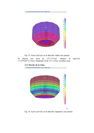 Fig. 15. Acero (cm²/cm) en la dirección radial cara superior
Se observa con acero de 1/2”=1.27cm² entonces la separación
s=1.27/0.04=31.15cm. Asumiendo Ø de 1/2” a 15cm. en ambas caras.
3.3.4 Paredes de la Cuba.-
<
Fig. 16. Acero (cm²/cm) en la dirección tangencial cara exterior
 
