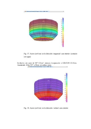 Fig. 17. Acero (cm²/cm) en la dirección tangencial cara interior (contacto
con agua)
Se observa con acero de 5/8”=2.0cm² entonces la separación s=2.00/0.09=22.22cm.
Asumiendo Ø de 5/8” a 20cm. en ambas caras.
Fig. 18. Acero (cm²/cm) en la dirección vertical cara exterior
 
