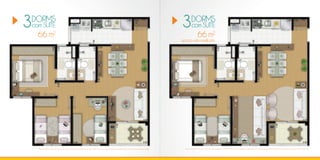 3
DORMS
com SUÍTE                                                                                                                                                                       3         DORMS
                                                                                                                                                                                           com SUÍTE
    66 m2                                                                                                                                                                                           66 m2
                                                                                                                                                                                opção sala ampliada




    Planta ilustrada do apto de 3 dorms, com 66,75 m2 privativos, com sugestão de decoração. Os móveis e equipamentos têm dimensões comerciais e não fazem parte do contrato.     Planta ilustrada do apto de 3 dorms. com sala ampliada, com 66,75 m2 privativos, com sugestão de decoração. Os móveis e equipamentos têm dimensões comerciais e não fazem parte do contrato.
 