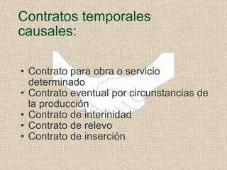 Contratos temporales causales: Contrato para obra o servicio determinado Contrato eventual por circunstancias de la producción Contrato de interinidad Contrato de relevo Contrato de inserción 