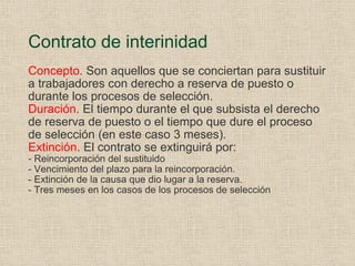 Contrato de interinidad Concepto . Son aquellos que se conciertan para sustituir a trabajadores con derecho a reserva de puesto o durante los procesos de selección. Duración . El tiempo durante el que subsista el derecho de reserva de puesto o el tiempo que dure el proceso de selección (en este caso 3 meses). Extinción . El contrato se extinguirá por: - Reincorporación del sustituido - Vencimiento del plazo para la reincorporación. - Extinción de la causa que dio lugar a la reserva. - Tres meses en los casos de los procesos de selección 