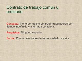 Contrato de trabajo común u ordinario Concepto . Tiene por objeto contratar trabajadores por tiempo indefinido y a jornada completa. Requisitos . Ninguno especial. Forma . Puede celebrarse de forma verbal o escrita. 