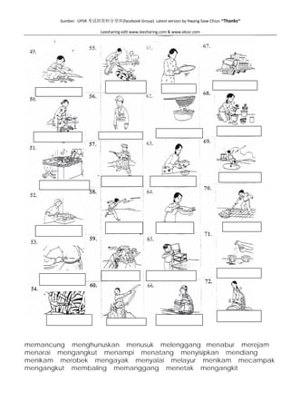 Sumber:  UPSR 考试班资料分享库(facebook Group)  Latest version by Hwang Siaw Chiun ~Thanks~ 
 
Leesharing edit www.leesharing.com & www.ekssr.com 
 
 
memancung menghunuskan menusuk melenggang menabur merejam
menarai mengangkut menampi menatang menyisipkan mendiang
menikam merobek mengayak menyalai melayur menikam mecampak
mengangkut membaling memanggang menetak mengangkit
 
 