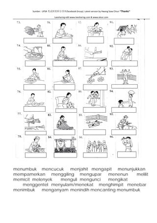 Sumber:  UPSR 考试班资料分享库(facebook Group)  Latest version by Hwang Siaw Chiun ~Thanks~ 
 
Leesharing edit www.leesharing.com & www.ekssr.com 
 
 
 
menumbuk mencucuk menjahit mengapit menunjukkan
mempamerkan menggiling mengupar menenun melilit
memicit melenyek menguli mengunci mengikat
menggentel menyulam/menekat menghimpit menebar
menimbuk menganyam menindih mencanting menumbuk
 
 