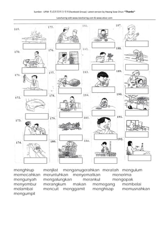Sumber:  UPSR 考试班资料分享库(facebook Group)  Latest version by Hwang Siaw Chiun ~Thanks~ 
 
Leesharing edit www.leesharing.com & www.ekssr.com 
 
 
 
menghirup menjilat menganugerahkan meratah mengulum
memecahkan meruntuhkan menyematkan menerima
mengunyah mengalungkan merankul mengopak
menyembur merangkum makan memegang membelai
melambai mencuit menggamit menghisap memusnahkan
mengumpil
 
