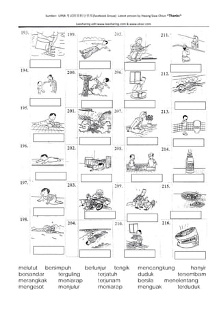 Sumber:  UPSR 考试班资料分享库(facebook Group)  Latest version by Hwang Siaw Chiun ~Thanks~ 
 
Leesharing edit www.leesharing.com & www.ekssr.com 
 
 
melutut bersimpuh berlunjur tengik mencangkung hanyir
bersandar terguling terjatuh duduk tersembam
merangkak meniarap terjunam bersila menelentang
mengesot menjulur meniarap menguak terduduk
 