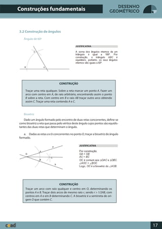 17
DESENHO
GEOMÉTRICO
3.2 Construção de ângulos
Ângulo de 60º
CONSTRUÇÃO
Traçar uma reta qualquer. Sobre a reta marcar um ponto A. Fazer um
arco com centro em A, de raio arbitrário, encontrando assim o ponto
B sobre a reta. Com centro em B e raio AB traçar outro arco obtendo
assim C. Traçar uma reta contendo A e C.
Bissetriz
Dado um ângulo formado pelo encontro de duas retas concorrentes, define-se
como bissetriz a reta que passa pelo vértice deste ângulo cujos pontos são equidis-
tantes das duas retas que determinam o ângulo.
a. Dadas as retas a e b concorrentes no ponto O, traçar a bissetriz do ângulo
formado.
CONSTRUÇÃO
Traçar um arco com raio qualquer e centro em O, determinando os
pontos A e B. Traçar dois arcos de mesmo raio r, sendo r > 1/2AB, com
centros em A e em B determinando C. A bissetriz é a semirreta de ori-
gem O que contém C.
Construções fundamentais
 