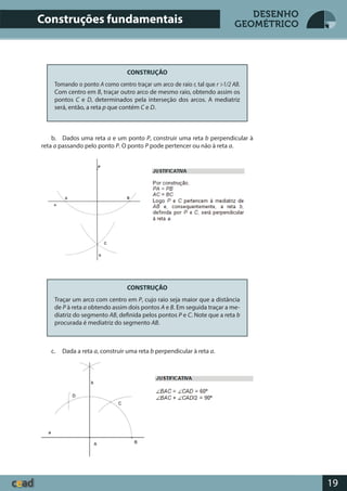 19
DESENHO
GEOMÉTRICO
CONSTRUÇÃO
Tomando o ponto A como centro traçar um arco de raio r, tal que r >1/2 AB.
Com centro em B, traçar outro arco de mesmo raio, obtendo assim os
pontos C e D, determinados pela interseção dos arcos. A mediatriz
será, então, a reta p que contém C e D.
b. Dados uma reta a e um ponto P, construir uma reta b perpendicular à
reta a passando pelo ponto P. O ponto P pode pertencer ou não à reta a.
CONSTRUÇÃO
Traçar um arco com centro em P, cujo raio seja maior que a distância
de P à reta a obtendo assim dois pontos A e B. Em seguida traçar a me-
diatriz do segmento AB, definida pelos pontos P e C. Note que a reta b
procurada é mediatriz do segmento AB.
c. Dada a reta a, construir uma reta b perpendicular à reta a.
Construções fundamentais
 