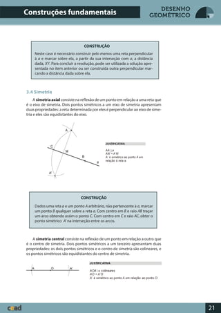 21
DESENHO
GEOMÉTRICOConstruções fundamentais
CONSTRUÇÃO
Neste caso é necessário construir pelo menos uma reta perpendicular
à a e marcar sobre ela, a partir da sua interseção com a, a distância
dada, XY. Para concluir a resolução, pode ser utilizada a solução apre-
sentada no item anterior ou ser construída outra perpendicular mar-
cando a distância dada sobre ela.
3.4 Simetria
A simetria axial consiste na reflexão de um ponto em relação a uma reta que
é o eixo de simetria. Dois pontos simétricos a um eixo de simetria apresentam
duas propriedades: a reta determinada por eles é perpendicular ao eixo de sime-
tria e eles são equidistantes do eixo.
CONSTRUÇÃO
Dados uma reta a e um ponto A arbitrário, não pertencente à a, marcar
um ponto B qualquer sobre a reta a. Com centro em B e raio AB traçar
um arco obtendo assim o ponto C. Com centro em C e raio AC, obter o
ponto simétrico A’ na interseção entre os arcos.
A simetria central consiste na reflexão de um ponto em relação a outro que
é o centro de simetria. Dois pontos simétricos a um terceiro apresentam duas
propriedades: os dois pontos simétricos e o centro de simetria são colineares, e
os pontos simétricos são equidistantes do centro de simetria.
a
 