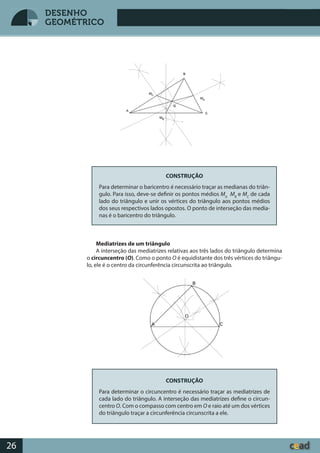 Desenho GeométricoDesenho Geométrico
26
DESENHO
GEOMÉTRICO
CONSTRUÇÃO
Para determinar o baricentro é necessário traçar as medianas do triân-
gulo. Para isso, deve-se definir os pontos médios MA
MB
e MC
de cada
lado do triângulo e unir os vértices do triângulo aos pontos médios
dos seus respectivos lados opostos. O ponto de interseção das media-
nas é o baricentro do triângulo.
Mediatrizes de um triângulo
A interseção das mediatrizes relativas aos três lados do triângulo determina
o circuncentro (O). Como o ponto O é equidistante dos três vértices do triângu-
lo, ele é o centro da circunferência circunscrita ao triângulo.
CONSTRUÇÃO
Para determinar o circuncentro é necessário traçar as mediatrizes de
cada lado do triângulo. A interseção das mediatrizes define o circun-
centro O. Com o compasso com centro em O e raio até um dos vértices
do triângulo traçar a circunferência circunscrita a ele.
 