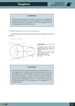 33
DESENHO
GEOMÉTRICO
CONSTRUÇÃO
Dados uma circunferência de centro O e um ponto T pertencente à
circunferência. Para construir uma reta tangente a essa circunferência
passando pelo ponto T, basta traçar o raio OT e em seguida construir
uma perpendicular a OT passando por T.
4.3 Retas tangentes a duas circunferências
As retas tangentes a duas circunferências podem ser tangentes internas ou
externas.
Tangentes externas
CONSTRUÇÃO
Com centro em C, traçar uma circunferência cujo raio é a diferença (r-r’).
Traçar segmento CC’ e definir M como seu ponto médio. Com centro
do compasso em M e raio MC, definir os pontos E e F na interseção com
a circunferência de raio (r - r’). Traçar uma reta contendo os pontos C e
E e outra reta contendo os pontos C e F até a interseção com a circun-
ferência de raio r, definindo os pontos T1
e T2
. Com centro em M e raio
MT1
definir os pontos T1
’ e T2
’. Unir os pontos T1
e T2
aos pontos T1
’ e T2
’,
respectivamente.
Tangência
 