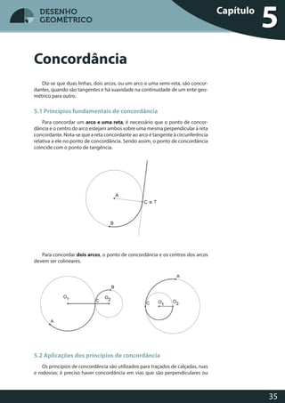 35
DESENHO
GEOMÉTRICO
Diz-se que duas linhas, dois arcos, ou um arco e uma semi-reta, são concor-
dantes, quando são tangentes e há suavidade na continuidade de um ente geo-
métrico para outro.
5.1 Princípios fundamentais de concordância
Para concordar um arco e uma reta, é necessário que o ponto de concor-
dância e o centro do arco estejam ambos sobre uma mesma perpendicular à reta
concordante. Nota-se que a reta concordante ao arco é tangente à circunferência
relativa a ele no ponto de concordância. Sendo assim, o ponto de concordância
coincide com o ponto de tangência.
Para concordar dois arcos, o ponto de concordância e os centros dos arcos
devem ser colineares.
5.2 Aplicações dos princípios de concordância
Os princípios de concordância são utilizados para traçados de calçadas, ruas
e rodovias; é preciso haver concordância em vias que são perpendiculares ou
Concordância
Capítulo
5DESENHO
GEOMÉTRICO
 