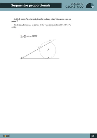 55
DESENHO
GEOMÉTRICO
8.6.3. O ponto P é externo à circunferência e a reta r’é tangente a ela no
ponto T
Neste caso, temos que os pontos A’, B’ e T são coincidentes e PA’ = PB’ = PT,
então:
Segmentos proporcionais
 