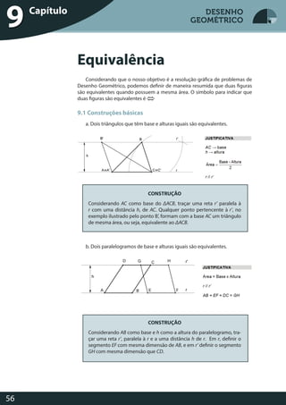 Desenho Geométrico
56
DESENHO
GEOMÉTRICO
Considerando que o nosso objetivo é a resolução gráfica de problemas de
Desenho Geométrico, podemos definir de maneira resumida que duas figuras
são equivalentes quando possuem a mesma área. O símbolo para indicar que
duas figuras são equivalentes é
9.1 Construções básicas
a. Dois triângulos que têm base e alturas iguais são equivalentes.
CONSTRUÇÃO
Considerando AC como base do ΔACB, traçar uma reta r’ paralela à
r com uma distância h, de AC. Qualquer ponto pertencente à r’, no
exemplo ilustrado pelo ponto B’, formam com a base AC um triângulo
de mesma área, ou seja, equivalente ao ΔACB.
b. Dois paralelogramos de base e alturas iguais são equivalentes.
CONSTRUÇÃO
Considerando AB como base e h como a altura do paralelogramo, tra-
çar uma reta r’, paralela à r e a uma distância h de r. Em r, definir o
segmento EF com mesma dimensão de AB, e em r’ definir o segmento
GH com mesma dimensão que CD.
Equivalência
Desenho GeométricoCapítulo
9 DESENHO
GEOMÉTRICO
 