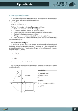 59
DESENHO
GEOMÉTRICO
9.2 Retângulo equivalente
A área de qualquer figura pode ser expressa pelo produto de dois segmentos
m e n, que são os lados do retângulo equivalente.
Áreaqq
Û Área
Área = m x nÁreaqq
= m x n
Valores de m e n das principais figuras geométricas:
• Retângulo: m e n são os lados do retângulo.
• Quadrado: m e n são os lados do quadrado e m = n.
• Paralelogramo: m é uma das bases e n é a altura correspondente.
• Trapézio: m é a base média e n é a altura.
• Triângulo: m é a base e n a metade da altura correspondente.
• Polígono qualquer: m é a base e n a metade da altura correspondente do
triângulo equivalente.
Quadratura de uma figura
A quadratura de uma figura ou quadrado equivalente é a construção de um
quadrado equivalente a uma figura dada. Chamando de x o lado do quadrado
procurado, cuja área será x2
e considerando que a área da figura dada pode ser
expressa por m x n, então:
Ou seja, x é a média geométrica de m e n.
Construção do quadrado equivalente a um triângulo dado, ou seja, quadra-
tura do triângulo.
Equivalência
 