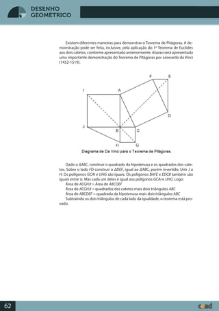 Desenho GeométricoDesenho Geométrico
62
DESENHO
GEOMÉTRICO
Existem diferentes maneiras para demonstrar o Teorema de Pitágoras. A de-
monstração pode ser feita, inclusive, pela aplicação do 1º Teorema de Euclides
aos dois catetos, conforme apresentado anteriormente. Abaixo será apresentada
uma importante demonstração do Teorema de Pitágoras por Leonardo da Vinci
(1452-1519).
Dado o ΔABC, construir o quadrado da hipotenusa e os quadrados dos cate-
tos. Sobre o lado FD construir o ΔDEF, igual ao ΔABC, porém invertido. Unir J a
H. Os polígonos GCAI e IJHG são iguais. Os polígonos BAFE e EDCB também são
iguais entre si. Mas cada um deles é igual aos polígonos GCAI e IJHG. Logo:
Área de ACGHJI = Área de ABCDEF
Área de ACGHJI = quadrados dos catetos mais dois triângulos ABC
Área de ABCDEF = quadrado da hipotenusa mais dois triângulos ABC
Subtraindo os dois triângulos de cada lado da igualdade, o teorema está pro-
vado.
 