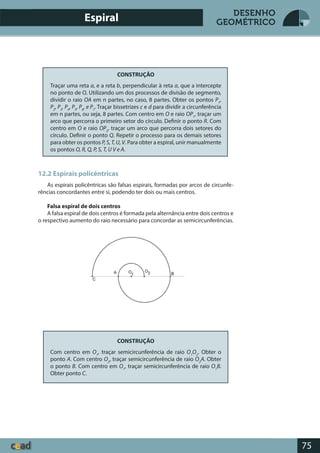 75
DESENHO
GEOMÉTRICO
CONSTRUÇÃO
Traçar uma reta a, e a reta b, perpendicular à reta a, que a intercepte
no ponto de O. Utilizando um dos processos de divisão de segmento,
dividir o raio OA em n partes, no caso, 8 partes. Obter os pontos P1
,
P2
, P3
, P4
, P5
, P6
, e P7
. Traçar bissetrizes c e d para dividir a circunferência
em n partes, ou seja, 8 partes. Com centro em O e raio OP1
, traçar um
arco que percorra o primeiro setor do círculo. Definir o ponto R. Com
centro em O e raio OP2
, traçar um arco que percorra dois setores do
círculo. Definir o ponto Q. Repetir o processo para os demais setores
para obter os pontos P, S, T, U, V. Para obter a espiral, unir manualmente
os pontos O, R, Q, P, S, T, U V e A.
12.2 Espirais policêntricas
As espirais policêntricas são falsas espirais, formadas por arcos de circunfe-
rências concordantes entre si, podendo ter dois ou mais centros.
Falsa espiral de dois centros
A falsa espiral de dois centros é formada pela alternância entre dois centros e
o respectivo aumento do raio necessário para concordar as semicircunferências.
CONSTRUÇÃO
Com centro em O1
, traçar semicircunferência de raio O1
O2
. Obter o
ponto A. Com centro O2
, traçar semicircunferência de raio O2
A. Obter
o ponto B. Com centro em O1
, traçar semicircunferência de raio O1
B.
Obter ponto C.
Espiral
 