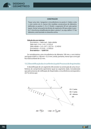 Desenho GeométricoDesenho Geométrico
78
DESENHO
GEOMÉTRICO
CONSTRUÇÃO
Traçar uma reta r tangente à circunferência no ponto A. Sobre a reta
r, com centro em A, marcar três medidas consecutivas do diâmetro,
definindo os pontos C, D e E. Dividir o segmento DE em sete partes
iguais. Somar uma parte da divisão do segmento DE para obter o pon-
to F. Uma forma simplificada de obter o ponto F, ou seja, definir 1/7 do
diâmetro, está ilustrada no desenho acima.
Cálculo do erro teórico:
Erro teórico = Valor real – Valor obtido
Valor real = 2 πr = π d = 3,1416 d
Valor obtido = 3 d + d/7 = 22/7 d = 3,1429 d
Erro teórico = (3,1416 – 3,1429) d
Erro teórico = - 0,0013 d
Se considerarmos uma circunferência de diâmetro 100 mm, o erro teórico
será igual a 0,0013 x 100 mm = 0,13 mm, sendo, portanto, menor que o erro grá-
fico total aceitável de 0,5 mm.
13.2DesretificaçãodacircunferênciapeloProcessodeArquimedes
A desretificação de um segmento AB consiste na construção de uma circun-
ferência de comprimento (perímetro) igual ao segmento dado. Considerando
que pelo processo de retificação de Arquimedes a circunferência corresponde a
22/7 d, temos que:
 