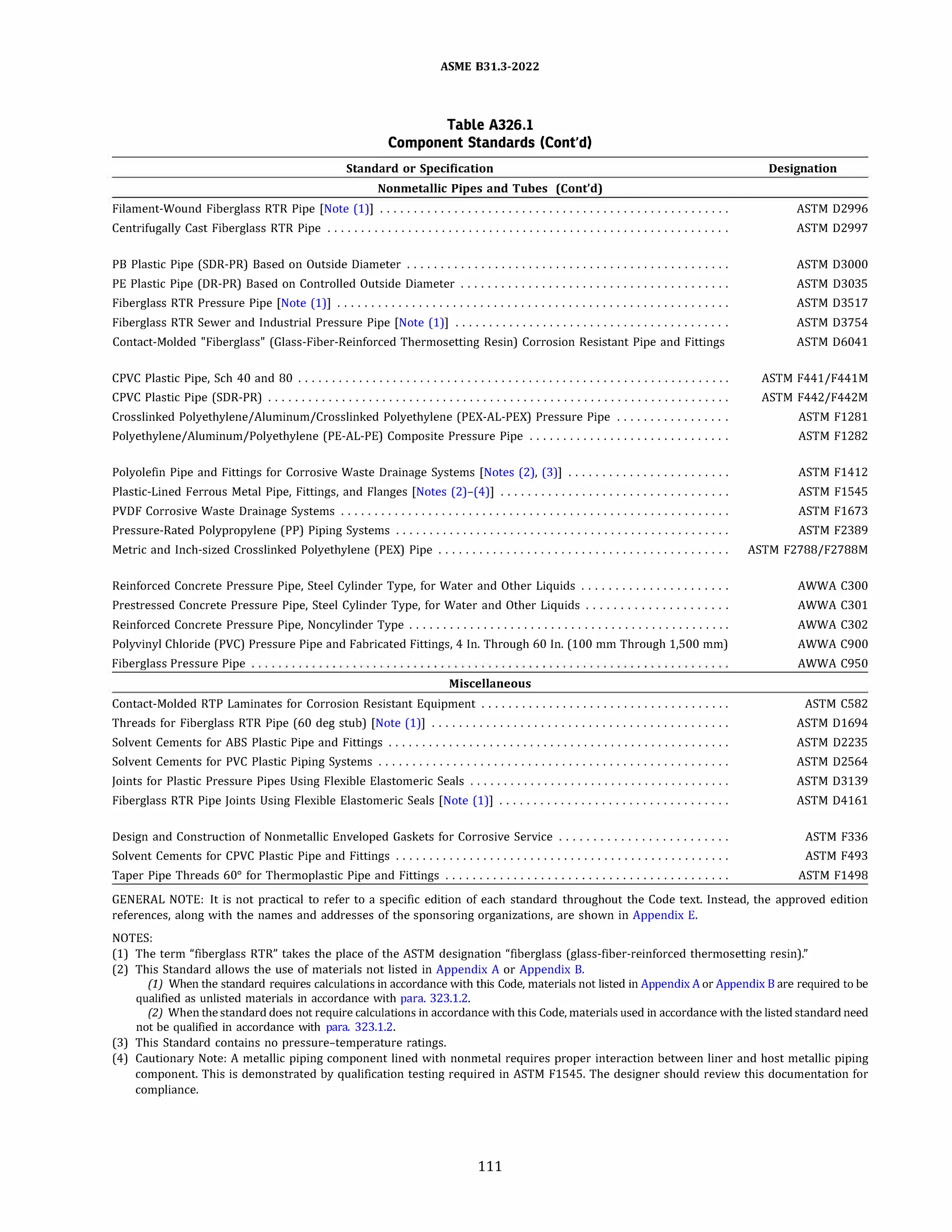 ASME 831.3-2022
Table A326.l
Component Standards (Cont'd)
Standard or Specification
Nonmetallic Pipes and Tubes (Cont'd)
Filament-Wound Fiberglass RTR Pipe [Note (1)] ....................................................
Centrifugally Cast Fiberglass RTR Pipe ............................................................
PB Plastic Pipe (SOR-PR) Based on Outside Diameter ................................................
PE Plastic Pipe (DR-PR) Based on Controlled Outside Diameter ........................................
Fiberglass RTR Pressure Pipe [Note (1)] ..........................................................
Fiberglass RTR Sewer and Industrial Pressure Pipe [Note (1)] .........................................
Contact-Molded "Fiberglass" (Glass-Fiber-Reinforced Thermosetting Resin) Corrosion Resistant Pipe and Fittings
CPVC Plastic Pipe, Sch 40 and 80 ................................................................
CPVC Plastic Pipe (SOR-PR) .....................................................................
Crosslinked Polyethylene/Aluminum/Crosslinked Polyethylene (PEX-AL-PEX) Pressure Pipe .................
Polyethylene/Aluminum/Polyethylene (PE-AL-PE) Composite Pressure Pipe ..............................
Polyolefin Pipe and Fittings for Corrosive Waste Drainage Systems [Notes (2), (3)] ........................
Plastic-Lined Ferrous Metal Pipe, Fittings, and Flanges [Notes (2)-(4)] ..................................
PVDF Corrosive Waste Drainage Systems ..........................................................
Pressure-Rated Polypropylene (PP) Piping Systems ..................................................
Metric and Inch-sized Crosslinked Polyethylene (PEX) Pipe ...........................................
Reinforced Concrete Pressure Pipe, Steel Cylinder Type, for Water and Other Liquids ......................
Prestressed Concrete Pressure Pipe, Steel Cylinder Type, for Water and Other Liquids .....................
Reinforced Concrete Pressure Pipe, Noncylinder Type ................................................
Polyvinyl Chloride (PVC) Pressure Pipe and Fabricated Fittings, 4 In.Through 60 In.(100 mm Through 1,500 mm)
Fiberglass Pressure Pipe
Miscellaneous
Contact-Molded RTP Laminates for Corrosion Resistant Equipment .....................................
Threads for Fiberglass RTR Pipe (60 deg stub) [Note (1)] ............................................
Solvent Cements for ABS Plastic Pipe and Fittings ...................................................
Solvent Cements for PVC Plastic Piping Systems ....................................................
Joints for Plastic Pressure Pipes Using Flexible Elastomeric Seals .......................................
Fiberglass RTR Pipe Joints Using Flexible Elastomeric Seals [Note (1)] ..................................
Design and Construction of Nonmetallic Enveloped Gaskets for Corrosive Service .........................
Solvent Cements for CPVC Plastic Pipe and Fittings ..................................................
Taper Pipe Threads 60°
for Thermoplastic Pipe and Fittings ..........................................
Designation
ASTM 02996
ASTM 02997
ASTM 03000
ASTM 03035
ASTM 03517
ASTM 03754
ASTM 06041
ASTM F441/F441M
ASTM F442/F442M
ASTM F1281
ASTM F1282
ASTM F1412
ASTM F1545
ASTM F1673
ASTM F2389
ASTM F2788/F2788M
AWWA C300
AWWA C301
AWWA C302
AWWA C900
AWWA C950
ASTM C582
ASTM 01694
ASTM 02235
ASTM 02564
ASTM 03139
ASTM 04161
ASTM F336
ASTM F493
ASTM F1498
GENERAL NOTE: It is not practical to refer to a specific edition of each standard throughout the Code text.Instead, the approved edition
references, along with the names and addresses of the sponsoring organizations, are shown in Appendix E.
NOTES:
(1) The term "fiberglass RTR " takes the place of the ASTM designation "fiberglass (glass-fiber-reinforced thermosetting resin)."
(2) This Standard allows the use of materials not listed in Appendix A or Appendix B.
(1) When the standard requires calculations in accordance with this Code, materials not listed in Appendix A or Appendix B are required to be
qualified as unlisted materials in accordance with para. 323.1.2.
(2) When the standard does not require calculations in accordance with this Code, materials used in accordance with the listed standard need
not be qualified in accordance with para. 323.1.2.
(3) This Standard contains no pressure-temperature ratings.
(4) Cautionary Note: A metallic piping component lined with nonmetal requires proper interaction between liner and host metallic piping
component.This is demonstrated by qualification testing required in ASTM F1545.The designer should review this documentation for
compliance.
111
 