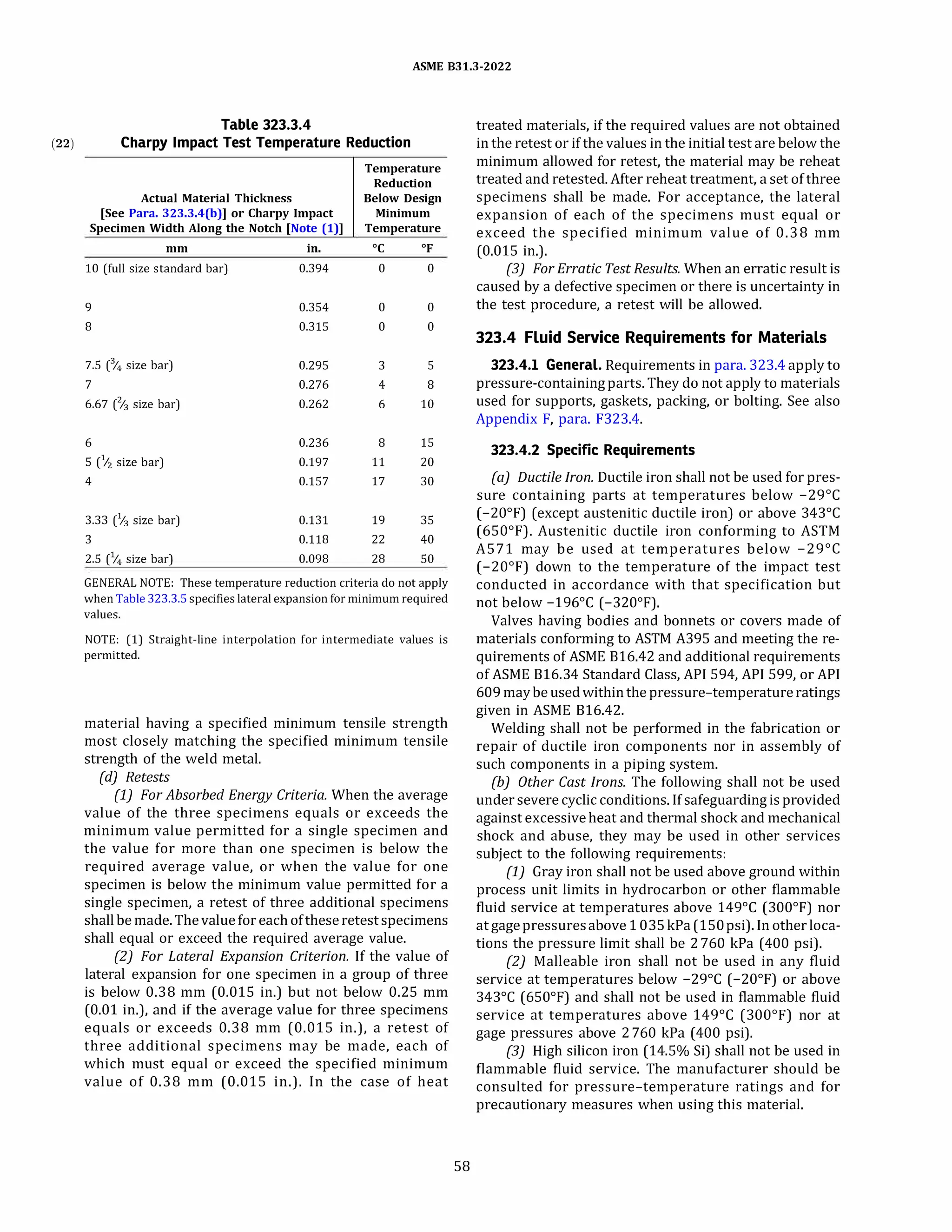 (22)
ASME 831.3-2022
Table 323.3.4
Charpy Impact Test Temperature Reduction
Temperature
Reduction
Actual Material Thickness Below Design
[See Para. 323.3.4(b)] or Charpy Impact Minimum
Specimen Width Along the Notch [Note (1)] Temperature
mm in. oc Of
10 (full size standard bar) 0.394 0 0
9 0.354 0 0
8 0.315 0 0
7.5 (% size bar) 0.295 3 5
7 0.276 4 8
6.67 (% size bar) 0.262 6 10
6 0.236 8 15
5 (112 size bar) 0.197 11 20
4 0.157 17 30
3.33 (% size bar) 0.131 19 35
3 0.118 22 40
2.5 (% size bar) 0.098 28 50
GENERAL NOTE: These temperature reduction criteria do not apply
when Table 323.3.5specifieslateral expansion for minimum required
values.
NOTE: (1) Straight-line interpolation for intermediate values is
permitted.
material having a specified minimum tensile strength
most closely matching the specified minimum tensile
strength of the weld metal.
{d) Retests
(1) For Absorbed Energy Criteria. When the average
value of the three specimens equals or exceeds the
minimum value permitted for a single specimen and
the value for more than one specimen is below the
required average value, or when the value for one
specimen is below the minimum value permitted for a
single specimen, a retest of three additional specimens
shallbe made.Thevaluefor each oftheseretestspecimens
shall equal or exceed the required average value.
(2) For Lateral Expansion Criterion. If the value of
lateral expansion for one specimen in a group of three
is below 0.38 mm (0.015 in.) but not below 0.25 mm
(0.01 in.), and if the average value for three specimens
equals or exceeds 0.38 mm (0.015 in.), a retest of
three additional specimens may be made, each of
which must equal or exceed the specified minimum
value of 0.38 mm (0.015 in.). In the case of heat
58
treated materials, if the required values are not obtained
in the retest or if the values in the initial test are below the
minimum allowed for retest, the material may be reheat
treated and retested.After reheat treatment, a set of three
specimens shall be made. For acceptance, the lateral
expansion of each of the specimens must equal or
exceed the specified minimum value of 0.38 mm
(0.015 in.).
(3) For Erratic Test Results. When an erratic result is
caused by a defective specimen or there is uncertainty in
the test procedure, a retest will be allowed.
323.4 Fluid Service Requirements for Materials
323.4.1 General. Requirements in para. 323.4 apply to
pressure-containingparts.They do not apply to materials
used for supports, gaskets, packing, or bolting. See also
Appendix F, para. F323.4.
323.4.2 Specific Requirements
(a) Ductile Iron. Ductile iron shall not be used for pres­
sure containing parts at temperatures below -29°
C
(-20°
F) (except austenitic ductile iron) or above 343°
C
(650°
F). Austenitic ductile iron conforming to ASTM
A571 may be used at temperatures below -29°
C
(-20°
F) down to the temperature of the impact test
conducted in accordance with that specification but
not below -196°
C (-320°
F).
Valves having bodies and bonnets or covers made of
materials conforming to ASTM A395 and meeting the re­
quirements of ASME 816.42 and additional requirements
of ASME 816.34 Standard Class, AP! 594, AP! 599, or AP!
609maybeused withinthepressure-temperatureratings
given in ASME 816.42.
Welding shall not be performed in the fabrication or
repair of ductile iron components nor in assembly of
such components in a piping system.
(bJ Other Cast Irons. The following shall not be used
under severe cyclicconditions. If safeguarding isprovided
against excessiveheat and thermal shock and mechanical
shock and abuse, they may be used in other services
subject to the following requirements:
(1) Gray iron shall not be used above ground within
process unit limits in hydrocarbon or other flammable
fluid service at temperatures above 149°
C (300°
F) nor
at gagepressuresabove 1035kPa (150psi). In other loca­
tions the pressure limit shall be 2760 kPa (400 psi).
(2) Malleable iron shall not be used in any fluid
service at temperatures below -29°
C (-20°
F) or above
343°
C (650°
F) and shall not be used in flammable fluid
service at temperatures above 149°
C (300°
F) nor at
gage pressures above 2760 kPa (400 psi).
(3) High silicon iron (14.5% Si) shall not be used in
flammable fluid service. The manufacturer should be
consulted for pressure-temperature ratings and for
precautionary measures when using this material.
 