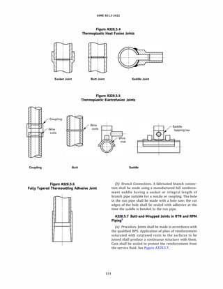 Coupling
Socket Joint
Coupling
Wire
coils
Butt
Figure A328.5.6
ASME 831.3-2022
Figure A328.5.4
Thermoplastic Heat Fusion Joints
Butt Joint Saddle Joint
Figure A328.S.S
Thermoplastic Electrofusion Joints
Saddle
Fully Tapered Thermosetting Adhesive Joint
(b) Branch Connections. A fabricated branch connec­
tion shall be made using a manufactured full reinforce­
ment saddle having a socket or integral length of
branch pipe suitable for a nozzle or coupling. The hole
in the run pipe shall be made with a hole saw; the cut
edges of the hole shall be sealed with adhesive at the
time the saddle is bonded to the run pipe.
114
A328.5.7 Butt-and-Wrapped Joints in RTR and RPM
Piping5
(a) Procedure. Joints shall be made in accordance with
the qualified BPS. Application of plies of reinforcement
saturated with catalyzed resin to the surfaces to be
joined shall produce a continuous structure with them.
Cuts shall be sealed to protect the reinforcement from
the service fluid. See Figure A328.5.7.
 