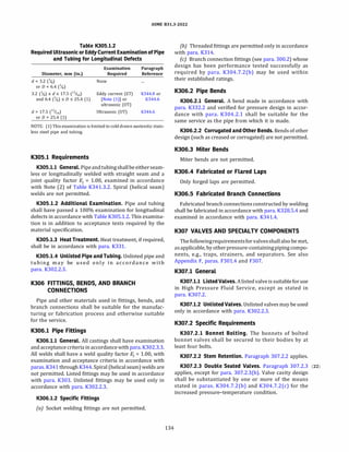 ASME 831.3-2022
Table K305.1.2
Required Ultrasonic or Eddy Current Examinationof Pipe
and Tubing for Longitudinal Defects
Diameter, mm (in.)
d < 3.2 (%)
or D < 6.4 (%)
3.2 (%) 5 d 5 17.5 (11
/16)
and 6.4 (%) 5 D 5 25.4 (1)
d > 17.5 (1
1116)
or D > 25.4 (1)
Examination
Required
None
Eddy current (ET)
[Note (1)] or
ultrasonic (UT)
Ultrasonic (UT)
Paragraph
Reference
K344.8 or
K344.6
K344.6
NOTE: (1) This examination is limited to cold drawn austenitic stain­
less steel pipe and tubing.
KJOS.I Requirements
K305.1.1 General. Pipeandtubingshallbeeitherseam­
less or longitudinally welded with straight seam and a
joint quality factor E1
= 1.00, examined in accordance
with Note (2) of Table K341.3.2. Spiral (helical seam)
welds are not permitted.
K305.1.2 Additional Examination. Pipe and tubing
shall have passed a 100% examination for longitudinal
defects in accordance with Table K305.1.2. This examina­
tion is in addition to acceptance tests required by the
material specification.
K305.1.3 Heat Treatment. Heat treatment, if required,
shall be in accordance with para. K331.
K305.1.4 Unlisted Pipe andTubing. Unlisted pipe and
tubing may be used only in accordance with
para. K302.2.3.
K306 FITTINGS, BENDS, AND BRANCH
CONNECTIONS
Pipe and other materials used in fittings, bends, and
branch connections shall be suitable for the manufac­
turing or fabrication process and otherwise suitable
for the service.
K306.l Pipe Fittings
K306.l.1 General. All castings shall have examination
and acceptance criteria in accordance with para. K302.3.3.
All welds shall have a weld quality factor E1 = 1.00, with
examination and acceptance criteria in accordance with
paras. K341 through K344. Spiral(helical seam) welds are
not permitted. Listed fittings may be used in accordance
with para. K303. Unlisted fittings may be used only in
accordance with para. K302.2.3.
K306.1.2 Specific Fittings
(a) Socket welding fittings are not permitted.
134
(b) Threaded fittings are permitted only in accordance
with para. K314.
(c) Branch connection fittings (see para. 300.2) whose
design has been performance tested successfully as
required by para. K304.7.2(b) may be used within
their established ratings.
K306.2 Pipe Bends
K306.2.1 General. A bend made in accordance with
para. K332.2 and verified for pressure design in accor­
dance with para. K304.2.1 shall be suitable for the
same service as the pipe from which it is made.
K306.2.2 Corrugated and Other Bends. Bends of other
design (such as creased or corrugated) are not permitted.
K306.3 Miter Bends
Miter bends are not permitted.
K306.4 Fabricated or Flared Laps
Only forged laps are permitted.
K306.5 Fabricated Branch Connections
Fabricated branch connectionsconstructed by welding
shall be fabricated in accordance with para. K328.5.4 and
examined in accordance with para. K341.4.
K307 VALVES AND SPECIALTY COMPONENTS
The followingrequirementsforvalvesshallalso be met,
asapplicable, by otherpressure-containingpiping compo­
nents, e.g., traps, strainers, and separators. See also
Appendix F, paras. F301.4 and F307.
K307.l General
K307.1.1 ListedValves.Alistedvalve issuitableforuse
in High Pressure Fluid Service, except as stated in
para. K307.2.
K307.1.2 UnlistedValves. Unlisted valves may be used
only in accordance with para. K302.2.3.
K307.2 Specific Requirements
K307.2.1 Bonnet Bolting. The bonnets of bolted
bonnet valves shall be secured to their bodies by at
least four bolts.
K307.2.2 Stem Retention. Paragraph 307.2.2 applies.
K307.2.3 Double Seated Valves. Paragraph 307.2.3 (22)
applies, except for para. 307.2.3(b). Valve cavity design
shall be substantiated by one or more of the means
stated in paras. K304.7.2(b) and K304.7.2(c) for the
increased pressure-temperature condition.
 