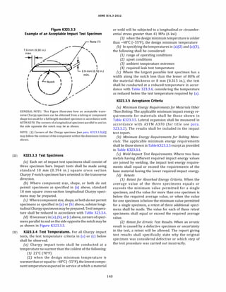 ASME 831.3-2022
Figure K323.3.3
Example of an Acceptable Impact Test Specimen
I
I

Note(1)
GENERAL NOTE: This Figure illustrates how an acceptable trans­
verse Charpy specimen can be obtained from a tubing or component
shape toosmall for a full length standard specimenin accordance with
ASTM A370. The corners of a longitudinal specimen parallel to and on
the side opposite the notch may be as shown.
NOTE: (1) Corners of the Charpy specimen [see para. K323.3.3(d)]
may follow the contour of the component within the dimension limits
shown.
(22) K323.3.3 Test Specimens
(a) Each set of impact test specimens shall consist of
three specimen bars. Impact tests shall be made using
standard 10 mm (0.394 in.) square cross section
Charpy V-notch specimen bars oriented in the transverse
direction.
{b) Where component size, shape, or both do not
permit specimens as specified in (a) above, standard
10 mm square cross-section longitudinal Charpy speci­
mens may be prepared.
(c) Wherecomponentsize, shape, orbothdonotpermit
specimens as specified in (a) or (b) above, subsize longi­
tudinal Charpyspecimensmaybeprepared.Testtempera­
ture shall be reduced in accordance with Table 323.3.4.
(d) Ifnecessaryin(a), (b), or(c) above, cornersofspeci­
mens parallel toand on the side oppositethe notch may be
as shown in Figure K323.3.3.
(22) K323.3.4 Test Temperatures. For all Charpy impact
tests, the test temperature criteria in (a) or (c) below
shall be observed.
(a) Charpy impact tests shall be conducted at a
temperature no warmer than the coldest of the following:
(1) 21°
C (70°
F)
(2) when the design minimum temperature is
warmerthanorequalto -48°
C(-55°
F), thelowestcompo­
nent temperatureexpected in service at which a material
140
or weld will be subjected to a longitudinal or circumfer­
ential stress greater than 41 MPa (6 ksi)
(3) when the design minimumtemperature is colder
than -48°
C (-55°
F), the design minimum temperature
(b) In specifying the temperatures in (a)(2) and (a)(3),
the following shall be considered:
(1) range of operating conditions
(2) upset conditions
(3) ambient temperature extremes
(4) required leak test temperature
(c) Where the largest possible test specimen has a
width along the notch less than the lesser of 80% of
the material thickness or 8 mm (0.315 in.), the test
shall be conducted at a reduced temperature in accor­
dance with Table 323.3.4, considering the temperature
as reduced below the test temperature required by (a).
K323.3.5 Acceptance Criteria
(a) Minimum Energy Requirementsfor Materials Other
Than Bolting. The applicable minimum impact energy re­
quirements for materials shall be those shown in
Table K323.3.5. Lateral expansion shall be measured in
accordance with ASTM A370 (for title see para.
323.3.2). The results shall be included in the impact
test report.
{b) Minimum Energy Requirements for Bolting Mate­
rials. The applicable minimum energy requirements
shall be those shown inTable K323.3.5except as provided
in Table K323.3.l.
(c) Weld Impact Test Requirements. Where two base
metals having different required impact energy values
are joined by welding, the impact test energy require­
ments shall equal or exceed the requirements of the
base material having the lower required impact energy.
(d) Retests
(1) Retest for Absorbed Energy Criteria. When the
average value of the three specimens equals or
exceeds the minimum value permitted for a single
specimen, and the value for more than one specimen is
below the required average value, or when the value
for one specimen is below the minimum value permitted
for a single specimen, a retest of three additional speci­
mens shall be made. The value for each of these retest
specimens shall equal or exceed the required average
value.
(2) Retest for Erratic Test Results. When an erratic
result is caused by a defective specimen or uncertainty
in the test, a retest will be allowed. The report giving
test results shall specifically state why the original
specimen was considered defective or which step of
the test procedure was carried out incorrectly.
 