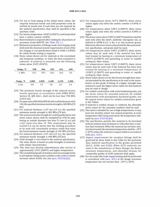 ASME 831.3-2022
(14) For use in Code piping at the stated stress values, the
required minimum tensile and yield properties must be
verified by tensile test. If such tests are not required by
the material specification, they shall be specified in the
purchase order.
(15) For service temperature >454°
C (>850°
F), weldmetal shall
have a carbon content >0.05%.
(16) Heat treatment is required after welding for all products of
zirconium Grade R60705. See Table 331.1.1.
(17) Mechanical properties of fittings made from forging stock
shall meet the minimum tensile requirements of one of the
bar, forging, or rod specifications listed in Table 2 of 8366
for which tensile testing is required.
(18) Stress values shown are for materials in the normalized
and tempered condition, or when the heat treatment is
unknown. If material is annealed, use the following
values above 510°
C (950°
F):
Temp., °C 538 566 593 621 649
S, MPa 55.1 39.3 26.2 16.5 9.6
Temp., °F 1,000 1,050 1,100 1,150 1,200
S, ksi 8.0 5.7 3.8 2.4 1.4
(19) The minimum tensile strength of the reduced section
tensile specimen in accordance with ASME BPVC,
Section IX, QW-462.1, shall not be less than 758 MPa
(110.0 ksi).
(20) Forpipesizes;;:ON200(;;:NPS8) with wallthicknesses ;;:Sch
140,the specifiedminimumtensilestrengthis 483MPa(70
ksi).
(21) For material thickness >127 mm (>5 in.), the specified
minimum tensile strength is 483 MPa (70 ksi).
(22) The minimum tensile strength for weld (qualification) and
stress values shown shall be multiplied by 0.90 for pipe
having an outside diameter less than 51 mm (2 in.) and
a D/t value less than 15. This requirement may be
waived if it can be shown that the welding procedure
to be used will consistently produce welds that meet
the listed minimum tensile strength of 165 MPa (24 ksi).
(23) For material thickness >127 mm (>5 in.), the specified
minimum tensile strength is 448 MPa (65 ksi).
(24) Yield strength is not stated in the material specification.
The value shown is based on yield strengths of materials
with similar characteristics.
(25) This steel may develop embrittlement after service at
approximately 316°
C (600°
F) and higher temperature.
(26) This unstabilizedgrade of stainless steel increasingly tends
to precipitateintergranularcarbides as the carbon content
increases above 0.03%. See also para. F323.4(c)(2).
168
(27) For temperatures above 427°
C (800°
F), these stress
values apply only when the carbon content is 0.04% or
higher.
(28) For temperatures above 538°
C (1,000°
F), these stress
values apply only when the carbon content is 0.04% or
higher.
(29) Thestressvaluesabove538°
C(l,000°
F)listed hereshallbe
used only when the steel's austenitic micrograin size, as
defined in ASTM E112, is No. 6 or less (coarser grain).
Otherwise,thelowerstressvalueslistedforthesamemate­
rial, specification, and grade shall be used.
(30) For temperatures above 538°
C (l,000°
F), these stress
values may be used only if the material has been
heat treated by heating to a minimum temperature of
1093°
C (2,000°
F) and quenching in water or rapidly
cooling by other means.
(31) For temperatures above 538°
C (1,000°
F), these stress
values may be used only if the material has been heat
treated by heating to a minimum temperature of
1038°
C (1,900°
F) and quenching in water or rapidly
cooling by other means.
(32) Stress values shown are for the loweststrength base mate­
rial permitted by the specification to be used in the manu­
facture of this grade of fitting. If a higher strength base
material is used, the higher stress values for that material
may be used in design.
(33) For welded construction with work hardened grades, use
the stress values for annealed material; for welded
construction with precipitation hardened grades, use
the special stress values for welded construction given
in the Tables.
(34) If material is welded, brazed, or soldered, the allowable
stress values for the annealed condition shall be used.
(35) This steel is intended for use at high temperatures; it may
have low ductility and/or low impact properties at room
temperature after being used above the temperature indi­
cated by para. F323.4(c)(4).
(36) The specification permits this material to be furnished
without solution heat treatment or with otherthan a solu­
tion heat treatment. When the material has not been solu­
tion heattreated,theminimumtemperature shall be -29°
C
(-20°
F) unless the material is impact tested in accordance
with para. 323.3.
(37) Impact requirements for seamless fittings shall be
governed by those listed in this Table for the particular
base material specification in the grades permitted
(A312, A240, and A182). When A276 materials are
used in the manufacture of these fittings, the Notes,
minimum temperatures, and allowable stresses for
comparable grades of A240 materials shall apply.
(38) For use under this Code, impact testing shall be performed
in accordance with para. 323.3 at the design minimum
temperature but not warmer than -29°
C (-20°
F).
 