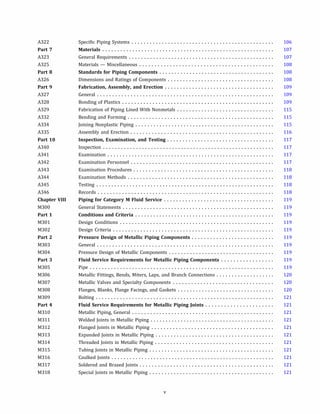 A322
Part 7
A323
A325
Part 8
A326
Part 9
A327
A328
A329
A332
A334
A335
Part 10
A340
A341
A342
A343
A344
A345
A346
Chapter VIII
M300
Part 1
M301
M302
Part 2
M303
M304
Part 3
M305
M306
M307
M308
M309
Part 4
M310
M311
M312
M313
M314
M315
M316
M317
M318
Specific Piping Systems ...............................................
Materials .........................................................
General Requirements ................................................
Materials - Miscellaneous ............................................
Standards for Piping Components ......................................
Dimensions and Ratings of Components ...................................
Fabrication, Assembly, and Erection ....................................
General ..........................................................
Bonding of Plastics ..................................................
Fabrication of Piping Lined With Nonmetals ................................
Bending and Forming ................................................
Joining Nonplastic Piping ..............................................
Assembly and Erection ...............................................
Inspection, Examination, and Testing ...................................
Inspection .........................................................
Examination .......................................................
Examination Personnel ...............................................
Examination Procedures ..............................................
Examination Methods ................................................
Testing ...........................................................
Records ..........................................................
Piping for Category M Fluid Service ....................................
General Statements ..................................................
Conditions and Criteria ..............................................
Design Conditions ...................................................
Design Criteria .....................................................
Pressure Design of Metallic Piping Components ...........................
General ..........................................................
Pressure Design of Metallic Components ...................................
Fluid Service Requirements for Metallic Piping Components .................
Pipe .............................................................
Metallic Fittings, Bends, Miters, Laps, and Branch Connections ...................
Metallic Valves and Specialty Components .................................
Flanges, Blanks, Flange Facings, and Gaskets ................................
Bolting ...........................................................
Fluid Service Requirements for Metallic Piping Joints ......................
Metallic Piping, General ...............................................
Welded Joints in Metallic Piping .........................................
Flanged Joints in Metallic Piping ........................................
Expanded Joints in Metallic Piping .......................................
Threaded Joints in Metallic Piping .......................................
Tubing Joints in Metallic Piping .........................................
Caulked Joints ......................................................
Soldered and Brazed Joints ............................................
Special Joints in Metallic Piping .........................................
v
106
107
107
108
108
108
109
109
109
115
115
115
116
117
117
117
117
118
118
118
118
119
119
119
119
119
119
119
119
119
119
120
120
120
121
121
121
121
121
121
121
121
121
121
121
 