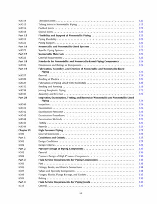 MA314
MA315
MA316
MA318
Part 15
MA319
MA321
Part 16
MA322
Part 17
MA323
Part 18
MA326
Part 19
MA327
MA328
MA329
MA332
MA334
MA335
Part 20
MA340
MA341
MA342
MA343
MA344
MA345
MA346
Chapter IX
K300
Part 1
K301
K302
Part 2
K303
K304
Part 3
K305
K306
K307
K308
K309
Part 4
K310
Threaded Joints ....................................................
Tubing Joints in Nonmetallic Piping ......................................
Caulked Joints ......................................................
Special Joints ......................................................
Flexibility and Support of Nonmetallic Piping .............................
Piping Flexibility ....................................................
Piping Support .....................................................
Nonmetallic and Nonmetallic-Lined Systems ..............................
Specific Piping Systems ...............................................
Nonmetallic Materials ...............................................
General Requirements ................................................
Standards for Nonmetallic and Nonmetallic-Lined Piping Components ..........
Dimensions and Ratings of Components ...................................
Fabrication, Assembly, and Erection of Nonmetallic and Nonmetallic-Lined
Piping .........................................................
General ..........................................................
Bonding of Plastics ..................................................
Fabrication of Piping Lined With Nonmetals ................................
Bending and Forming ................................................
Joining Nonplastic Piping ..............................................
Assembly and Erection ...............................................
Inspection, Examination, Testing, and Records of Nonmetallic and Nonmetallic-Lined
Piping .........................................................
Inspection .........................................................
Examination .......................................................
Examination Personnel ...............................................
Examination Procedures ..............................................
Examination Methods ................................................
Testing ...........................................................
Records ..........................................................
High Pressure Piping ................................................
General Statements ..................................................
Conditions and Criteria ..............................................
Design Conditions ...................................................
Design Criteria .....................................................
Pressure Design of Piping Components ..................................
General ..........................................................
Pressure Design of High Pressure Components ..............................
Fluid Service Requirements for Piping Components ........................
Pipe .............................................................
Fittings, Bends, and Branch Connections ...................................
Valves and Specialty Components ........................................
Flanges, Blanks, Flange Facings, and Gaskets ................................
Bolting ...........................................................
Fluid Service Requirements for Piping Joints .............................
General ..........................................................
vii
125
125
125
125
125
125
125
125
125
125
125
126
126
126
126
126
126
126
126
126
126
126
126
126
126
126
126
126
127
127
127
127
128
130
130
130
133
133
134
134
135
135
135
135
 
