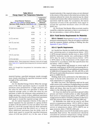 (22)
ASME 831.3-2022
Table 323.3.4
Charpy Impact Test Temperature Reduction
Temperature
Reduction
Actual Material Thickness Below Design
[See Para. 323.3.4(b)] or Charpy Impact Minimum
Specimen Width Along the Notch [Note (1)] Temperature
mm in. oc Of
10 (full size standard bar) 0.394 0 0
9 0.354 0 0
8 0.315 0 0
7.5 (% size bar) 0.295 3 5
7 0.276 4 8
6.67 (% size bar) 0.262 6 10
6 0.236 8 15
5 (112 size bar) 0.197 11 20
4 0.157 17 30
3.33 (% size bar) 0.131 19 35
3 0.118 22 40
2.5 (% size bar) 0.098 28 50
GENERAL NOTE: These temperature reduction criteria do not apply
when Table 323.3.5specifieslateral expansion for minimum required
values.
NOTE: (1) Straight-line interpolation for intermediate values is
permitted.
material having a specified minimum tensile strength
most closely matching the specified minimum tensile
strength of the weld metal.
{d) Retests
(1) For Absorbed Energy Criteria. When the average
value of the three specimens equals or exceeds the
minimum value permitted for a single specimen and
the value for more than one specimen is below the
required average value, or when the value for one
specimen is below the minimum value permitted for a
single specimen, a retest of three additional specimens
shallbe made.Thevaluefor each oftheseretestspecimens
shall equal or exceed the required average value.
(2) For Lateral Expansion Criterion. If the value of
lateral expansion for one specimen in a group of three
is below 0.38 mm (0.015 in.) but not below 0.25 mm
(0.01 in.), and if the average value for three specimens
equals or exceeds 0.38 mm (0.015 in.), a retest of
three additional specimens may be made, each of
which must equal or exceed the specified minimum
value of 0.38 mm (0.015 in.). In the case of heat
58
treated materials, if the required values are not obtained
in the retest or if the values in the initial test are below the
minimum allowed for retest, the material may be reheat
treated and retested.After reheat treatment, a set of three
specimens shall be made. For acceptance, the lateral
expansion of each of the specimens must equal or
exceed the specified minimum value of 0.38 mm
(0.015 in.).
(3) For Erratic Test Results. When an erratic result is
caused by a defective specimen or there is uncertainty in
the test procedure, a retest will be allowed.
323.4 Fluid Service Requirements for Materials
323.4.1 General. Requirements in para. 323.4 apply to
pressure-containingparts.They do not apply to materials
used for supports, gaskets, packing, or bolting. See also
Appendix F, para. F323.4.
323.4.2 Specific Requirements
(a) Ductile Iron. Ductile iron shall not be used for pres­
sure containing parts at temperatures below -29°
C
(-20°
F) (except austenitic ductile iron) or above 343°
C
(650°
F). Austenitic ductile iron conforming to ASTM
A571 may be used at temperatures below -29°
C
(-20°
F) down to the temperature of the impact test
conducted in accordance with that specification but
not below -196°
C (-320°
F).
Valves having bodies and bonnets or covers made of
materials conforming to ASTM A395 and meeting the re­
quirements of ASME 816.42 and additional requirements
of ASME 816.34 Standard Class, AP! 594, AP! 599, or AP!
609maybeused withinthepressure-temperatureratings
given in ASME 816.42.
Welding shall not be performed in the fabrication or
repair of ductile iron components nor in assembly of
such components in a piping system.
(bJ Other Cast Irons. The following shall not be used
under severe cyclicconditions. If safeguarding isprovided
against excessiveheat and thermal shock and mechanical
shock and abuse, they may be used in other services
subject to the following requirements:
(1) Gray iron shall not be used above ground within
process unit limits in hydrocarbon or other flammable
fluid service at temperatures above 149°
C (300°
F) nor
at gagepressuresabove 1035kPa (150psi). In other loca­
tions the pressure limit shall be 2760 kPa (400 psi).
(2) Malleable iron shall not be used in any fluid
service at temperatures below -29°
C (-20°
F) or above
343°
C (650°
F) and shall not be used in flammable fluid
service at temperatures above 149°
C (300°
F) nor at
gage pressures above 2760 kPa (400 psi).
(3) High silicon iron (14.5% Si) shall not be used in
flammable fluid service. The manufacturer should be
consulted for pressure-temperature ratings and for
precautionary measures when using this material.
 