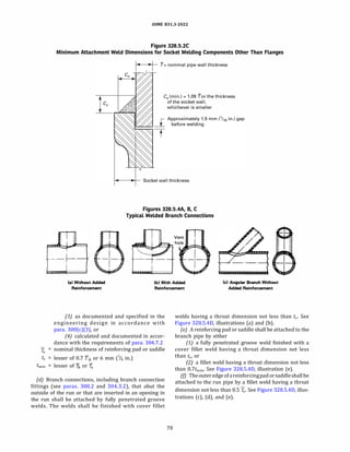 ASME 831.3-2022
Figure 328.5.2C
Minimum Attachment Weld Dimensions for Socket Welding Components Other Than Flanges
Cx (min.) = 1.09 for the thickness
of the socket wall,
whichever is smaller
,____...,_ Socket wall thickness
Figures 328.5.4A, B, C
Typical Welded Branch Connections
----+---
(al Without Added
Reinforcement
(bl With Added
Reinforcement
(cl Angular Branch Without
Added Reinforcement
(3) as documented and specified in the
engineering design in accordance with
para. 300(c)(3), or
(4) calculated and documented in accor­
dance with the requirements of para. 304.7.2
Tr nominal thickness of reinforcing pad or saddle
tc lesser of 0.7 Tb or 6 mm (% in.)
tmin lesser of Ti, or f,.
(d) Branch connections, including branch connection
fittings (see paras. 300.2 and 304.3.2), that abut the
outside of the run or that are inserted in an opening in
the run shall be attached by fully penetrated groove
welds. The welds shall be finished with cover fillet
70
welds having a throat dimension not less than tc. See
Figure 328.5.40, illustrations (a) and (b).
(e) A reinforcing pad or saddle shall be attached to the
branch pipe by either
(1) a fully penetrated groove weld finished with a
cover fillet weld having a throat dimension not less
than t0 or
(2) a fillet weld having a throat dimension not less
than 0.7tmin- See Figure 328.5.40, illustration (e).
(/) Theouteredge ofareinforcingpadorsaddleshallbe
attached to the run pipe by a fillet weld having a throat
dimension not less than 0.5 Tr. See Figure 328.5.40, illus­
trations (c), (d), and (e).
 