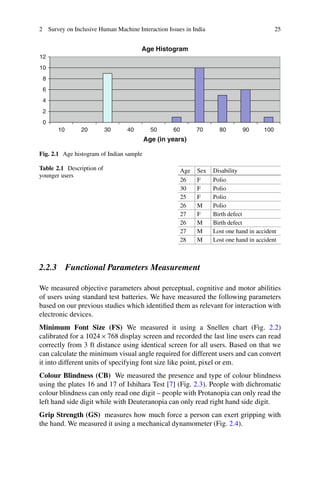 2 Survey on Inclusive Human Machine Interaction Issues in India 25
Age Histogram
0
2
4
6
8
10
12
10 20 30 40 50 60 70 80 90 100
Age (in years)
Fig. 2.1 Age histogram of Indian sample
Table 2.1 Description of
younger users
Age Sex Disability
26 F Polio
30 F Polio
25 F Polio
26 M Polio
27 F Birth defect
26 M Birth defect
27 M Lost one hand in accident
28 M Lost one hand in accident
2.2.3 Functional Parameters Measurement
We measured objective parameters about perceptual, cognitive and motor abilities
of users using standard test batteries. We have measured the following parameters
based on our previous studies which identified them as relevant for interaction with
electronic devices.
Minimum Font Size (FS) We measured it using a Snellen chart (Fig. 2.2)
calibrated for a 1024 768 display screen and recorded the last line users can read
correctly from 3 ft distance using identical screen for all users. Based on that we
can calculate the minimum visual angle required for different users and can convert
it into different units of specifying font size like point, pixel or em.
Colour Blindness (CB) We measured the presence and type of colour blindness
using the plates 16 and 17 of Ishihara Test [7] (Fig. 2.3). People with dichromatic
colour blindness can only read one digit – people with Protanopia can only read the
left hand side digit while with Deuteranopia can only read right hand side digit.
Grip Strength (GS) measures how much force a person can exert gripping with
the hand. We measured it using a mechanical dynamometer (Fig. 2.4).
 