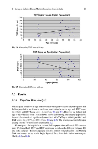 2 Survey on Inclusive Human Machine Interaction Issues in India 29
TMT Score vs Age (Indian Population)
0
50
100
150
200
250
300
350
0 10 20 30 40 50 60 70 80 90 100
Age (in years)
TMT
Score
(in
sec)
Fig. 2.6 Comparing TMT score with age
DST Score vs Age (Indian Population)
0
5
10
15
20
25
30
35
40
45
50
0 20 40 60 80 100
Age (in years)
DST
Score
Fig. 2.7 Comparing DST score with age
2.3 Results
2.3.1 Cognitive Data Analysis
We analyzed the effect of age and education on cognitive scores of participants. For
Indian population we found a moderate correlation between age and TMT score
( D 0.38) and DST Score ( D 0.46) (Figs. 2.6 and 2.7). However we did not find
age to be correlated with TMT and DST scores considering only elderly population,
instead education level significantly correlated with TMT ( D 0.68, p  0.01) and
DST scores ( D 0.79, p  0.01) (Figs. 2.8 and 2.9). The graphs used the following
coding scheme for Education level (Table 2.2)
We compared the cognitive scores of Indian population with their EU counter-
part. We found both TMT and DST scores are significantly different between EU
and India samples – European people took less time in completing the Trail Making
Task and scored more in the Digit Symbol Task than their Indian counterpart.
(Tables 2.3 and 2.4)
 