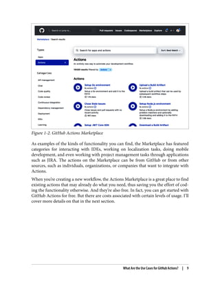 Figure 1-2. GitHub Actions Marketplace
As examples of the kinds of functionality you can find, the Marketplace has featured
categories for interacting with IDEs, working on localization tasks, doing mobile
development, and even working with project management tasks through applications
such as JIRA. The actions on the Marketplace can be from GitHub or from other
sources, such as individuals, organizations, or companies that want to integrate with
Actions.
When you’re creating a new workflow, the Actions Marketplace is a great place to find
existing actions that may already do what you need, thus saving you the effort of cod‐
ing the functionality otherwise. And they’re also free. In fact, you can get started with
GitHub Actions for free. But there are costs associated with certain levels of usage. I’ll
cover more details on that in the next section.
What Are the Use Cases for GitHub Actions? | 9
 