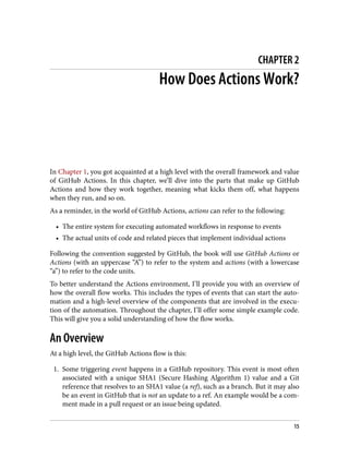 CHAPTER 2
How Does Actions Work?
In Chapter 1, you got acquainted at a high level with the overall framework and value
of GitHub Actions. In this chapter, we’ll dive into the parts that make up GitHub
Actions and how they work together, meaning what kicks them off, what happens
when they run, and so on.
As a reminder, in the world of GitHub Actions, actions can refer to the following:
• The entire system for executing automated workflows in response to events
• The actual units of code and related pieces that implement individual actions
Following the convention suggested by GitHub, the book will use GitHub Actions or
Actions (with an uppercase “A”) to refer to the system and actions (with a lowercase
“a”) to refer to the code units.
To better understand the Actions environment, I’ll provide you with an overview of
how the overall flow works. This includes the types of events that can start the auto‐
mation and a high-level overview of the components that are involved in the execu‐
tion of the automation. Throughout the chapter, I’ll offer some simple example code.
This will give you a solid understanding of how the flow works.
An Overview
At a high level, the GitHub Actions flow is this:
1. Some triggering event happens in a GitHub repository. This event is most often
associated with a unique SHA1 (Secure Hashing Algorithm 1) value and a Git
reference that resolves to an SHA1 value (a ref), such as a branch. But it may also
be an event in GitHub that is not an update to a ref. An example would be a com‐
ment made in a pull request or an issue being updated.
15
 