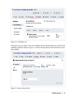 Figure 2-2. Workflow run
From here, you can select a run of a workflow and see the jobs that ran as part of the
workflow and their statuses. Figure 2-3 shows the execution of the job from our sim‐
ple workflow.
Figure 2-3. Run at the job level
Workflow Execution | 23
 