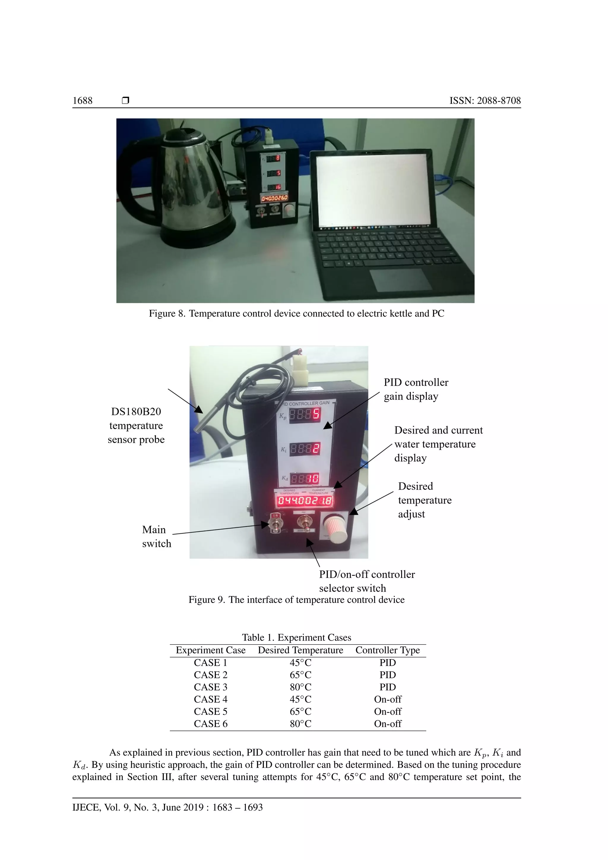 1688 Ì ISSN: 2088-8708
Figure 8. Temperature control device connected to electric kettle and PC
Figure 9. The interface of temperature control device
Table 1. Experiment Cases
Experiment Case Desired Temperature Controller Type
CASE 1 45◦
C PID
CASE 2 65◦
C PID
CASE 3 80◦
C PID
CASE 4 45◦
C On-off
CASE 5 65◦
C On-off
CASE 6 80◦
C On-off
As explained in previous section, PID controller has gain that need to be tuned which are Kp, Ki and
Kd. By using heuristic approach, the gain of PID controller can be determined. Based on the tuning procedure
explained in Section III, after several tuning attempts for 45◦
C, 65◦
C and 80◦
C temperature set point, the
IJECE, Vol. 9, No. 3, June 2019 : 1683 – 1693
 