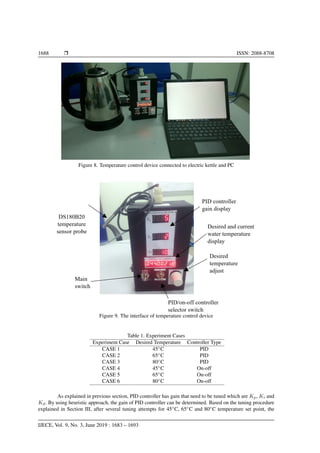 1688 Ì ISSN: 2088-8708
Figure 8. Temperature control device connected to electric kettle and PC
Figure 9. The interface of temperature control device
Table 1. Experiment Cases
Experiment Case Desired Temperature Controller Type
CASE 1 45◦
C PID
CASE 2 65◦
C PID
CASE 3 80◦
C PID
CASE 4 45◦
C On-off
CASE 5 65◦
C On-off
CASE 6 80◦
C On-off
As explained in previous section, PID controller has gain that need to be tuned which are Kp, Ki and
Kd. By using heuristic approach, the gain of PID controller can be determined. Based on the tuning procedure
explained in Section III, after several tuning attempts for 45◦
C, 65◦
C and 80◦
C temperature set point, the
IJECE, Vol. 9, No. 3, June 2019 : 1683 – 1693
 