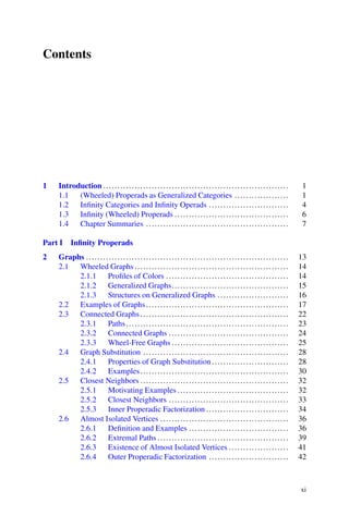 Contents
1 Introduction ................................................................. 1
1.1 (Wheeled) Properads as Generalized Categories ................... 1
1.2 Infinity Categories and Infinity Operads ............................ 4
1.3 Infinity (Wheeled) Properads ........................................ 6
1.4 Chapter Summaries .................................................. 7
Part I Infinity Properads
2 Graphs ....................................................................... 13
2.1 Wheeled Graphs ...................................................... 14
2.1.1 Profiles of Colors ........................................... 14
2.1.2 Generalized Graphs......................................... 15
2.1.3 Structures on Generalized Graphs ......................... 16
2.2 Examples of Graphs.................................................. 17
2.3 Connected Graphs .................................................... 22
2.3.1 Paths......................................................... 23
2.3.2 Connected Graphs .......................................... 24
2.3.3 Wheel-Free Graphs ......................................... 25
2.4 Graph Substitution ................................................... 28
2.4.1 Properties of Graph Substitution ........................... 28
2.4.2 Examples.................................................... 30
2.5 Closest Neighbors .................................................... 32
2.5.1 Motivating Examples ....................................... 32
2.5.2 Closest Neighbors .......................................... 33
2.5.3 Inner Properadic Factorization ............................. 34
2.6 Almost Isolated Vertices ............................................. 36
2.6.1 Definition and Examples ................................... 36
2.6.2 Extremal Paths .............................................. 39
2.6.3 Existence of Almost Isolated Vertices ..................... 41
2.6.4 Outer Properadic Factorization ............................ 42
xi
 