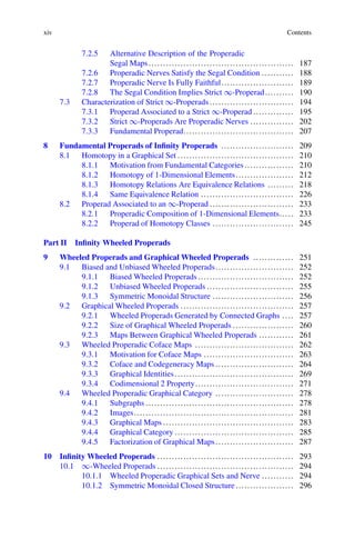 xiv Contents
7.2.5 Alternative Description of the Properadic
Segal Maps.................................................. 187
7.2.6 Properadic Nerves Satisfy the Segal Condition ........... 188
7.2.7 Properadic Nerve Is Fully Faithful......................... 189
7.2.8 The Segal Condition Implies Strict 1-Properad.......... 190
7.3 Characterization of Strict 1-Properads ............................. 194
7.3.1 Properad Associated to a Strict 1-Properad .............. 195
7.3.2 Strict 1-Properads Are Properadic Nerves ............... 202
7.3.3 Fundamental Properad...................................... 207
8 Fundamental Properads of Infinity Properads ......................... 209
8.1 Homotopy in a Graphical Set ........................................ 210
8.1.1 Motivation from Fundamental Categories ................. 210
8.1.2 Homotopy of 1-Dimensional Elements.................... 212
8.1.3 Homotopy Relations Are Equivalence Relations ......... 218
8.1.4 Same Equivalence Relation ................................ 226
8.2 Properad Associated to an 1-Properad ............................. 233
8.2.1 Properadic Composition of 1-Dimensional Elements..... 233
8.2.2 Properad of Homotopy Classes ............................ 245
Part II Infinity Wheeled Properads
9 Wheeled Properads and Graphical Wheeled Properads .............. 251
9.1 Biased and Unbiased Wheeled Properads........................... 252
9.1.1 Biased Wheeled Properads ................................. 252
9.1.2 Unbiased Wheeled Properads .............................. 255
9.1.3 Symmetric Monoidal Structure ............................ 256
9.2 Graphical Wheeled Properads ....................................... 257
9.2.1 Wheeled Properads Generated by Connected Graphs .... 257
9.2.2 Size of Graphical Wheeled Properads ..................... 260
9.2.3 Maps Between Graphical Wheeled Properads ............ 261
9.3 Wheeled Properadic Coface Maps .................................. 262
9.3.1 Motivation for Coface Maps ............................... 263
9.3.2 Coface and Codegeneracy Maps ........................... 264
9.3.3 Graphical Identities......................................... 269
9.3.4 Codimensional 2 Property.................................. 271
9.4 Wheeled Properadic Graphical Category ........................... 278
9.4.1 Subgraphs ................................................... 278
9.4.2 Images....................................................... 281
9.4.3 Graphical Maps ............................................. 283
9.4.4 Graphical Category ......................................... 285
9.4.5 Factorization of Graphical Maps........................... 287
10 Infinity Wheeled Properads ............................................... 293
10.1 1-Wheeled Properads ............................................... 294
10.1.1 Wheeled Properadic Graphical Sets and Nerve ........... 294
10.1.2 Symmetric Monoidal Closed Structure .................... 296
 