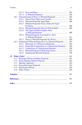Contents xv
10.1.3 Faces and Horns ............................................ 297
10.1.4 1-Wheeled Properads ..................................... 302
10.2 Characterization of Strict 1-Wheeled Properads .................. 303
10.2.1 Outer Coface Maps from Corollas ......................... 304
10.2.2 Wheeled Properadic Segal Maps .......................... 304
10.2.3 Wheeled Properadic Nerves Satisfy the Segal
Condition.................................................... 308
10.2.4 Wheeled Properadic Nerve Is Fully Faithful .............. 308
10.2.5 The Segal Condition Implies Strict
1-Wheeled Properad ...................................... 309
10.2.6 Wheeled Properad Associated to a Strict
1-Wheeled Properad ...................................... 313
10.2.7 Strict 1-Wheeled Properads Are Nerves ................. 320
10.3 Fundamental Wheeled Properads of 1-Wheeled Properads....... 324
10.3.1 Homotopy of 1-Dimensional Elements.................... 324
10.3.2 Dioperadic Compositions of 1-Dimensional Elements ... 326
10.3.3 Contractions of 1-Dimensional Elements ................. 329
10.3.4 Wheeled Properad of Homotopy Classes.................. 334
10.3.5 Fundamental Wheeled Properad ........................... 338
11 What’s Next? ............................................................... 341
11.1 Homotopy Theory of Infinity Properads ............................ 341
11.2 String Topology Infinity Properad ................................... 342
11.3 Operadic Approach................................................... 342
11.4 Strong Homotopy Properads......................................... 343
11.5 Deformation Theory.................................................. 344
11.6 Weber Theory ........................................................ 344
Notation ........................................................................... 347
References......................................................................... 351
Index ............................................................................... 355
 