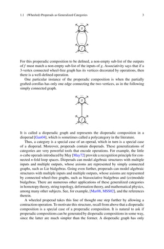 1.1 (Wheeled) Properads as Generalized Categories 3
For this properadic composition to be defined, a non-empty sub-list of the outputs
of f must match a non-empty sub-list of the inputs of g. Associativity says that if a
3-vertex connected wheel-free graph has its vertices decorated by operations, then
there is a well-defined operation.
One particular instance of the properadic composition is when the partially
grafted corollas has only one edge connecting the two vertices, as in the following
simply connected graph.
It is called a dioperadic graph and represents the dioperadic composition in a
dioperad [Gan04], which is sometimes called a polycategory in the literature.
Thus, a category is a special case of an operad, which in turn is a special case
of a dioperad. Moreover, properads contain dioperads. These generalizations of
categories are very powerful tools that encode operations. For example, the little
n-cube operads introduced by May [May72] provide a recognition principle for con-
nected n-fold loop spaces. Dioperads can model algebraic structures with multiple
inputs and multiple outputs, whose axioms are represented by simply connected
graphs, such as Lie bialgebras. Going even further, properads can model algebraic
structures with multiple inputs and multiple outputs, whose axioms are represented
by connected wheel-free graphs, such as biassociative bialgebras and (co)module
bialgebras. There are numerous other applications of these generalized categories
in homotopy theory, string topology, deformation theory, and mathematical physics,
among many other subjects. See, for example, [Mar08, MSS02], and the references
therein.
A wheeled properad takes this line of thought one step further by allowing a
contraction operation. To motivate this structure, recall from above that a dioperadic
composition is a special case of a properadic composition. It is natural to ask if
properadic compositions can be generated by dioperadic compositions in some way,
since the latter are much simpler than the former. A dioperadic graph has only
 